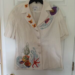 Vintage Anne French Embroidered Short Sleeve Shirt with Sea Life Design